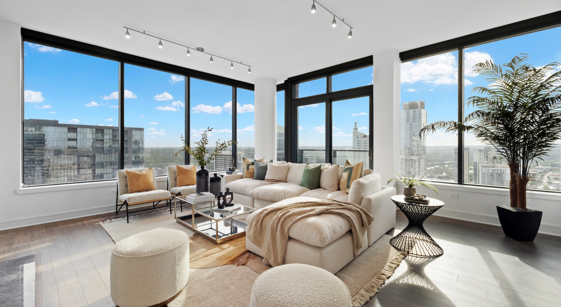 Spacious living room with breathtaking city views