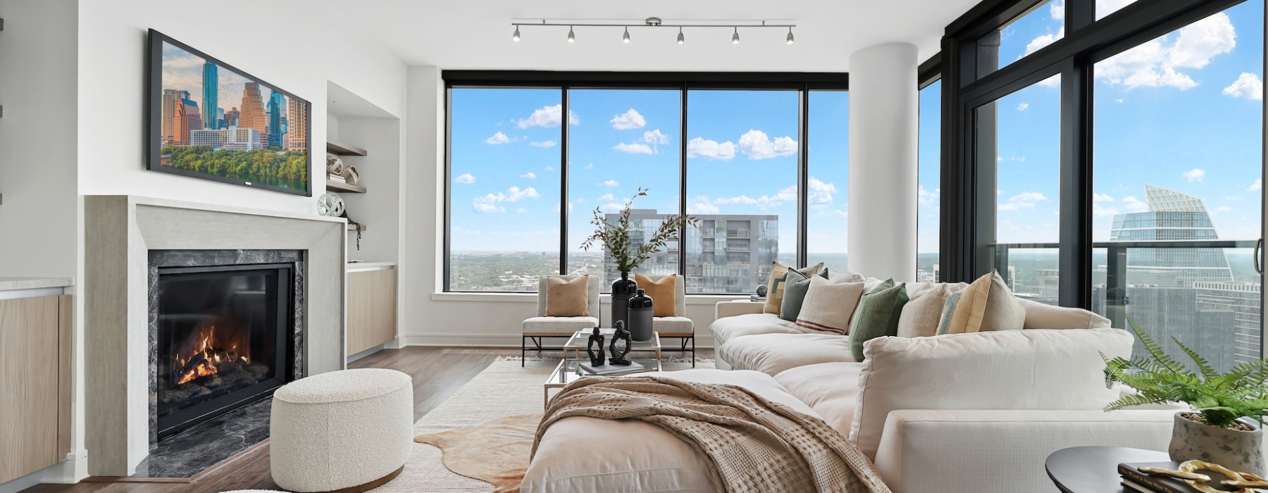 Spacious living room with breathtaking views and fireplace