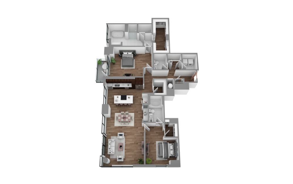 V - 2 bedroom floorplan layout with 2 bathrooms and 2078 - 2085 square feet (3D)