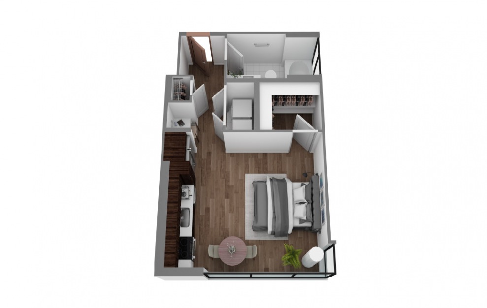 A - Studio floorplan layout with 1 bath and 537 square feet. (3D)