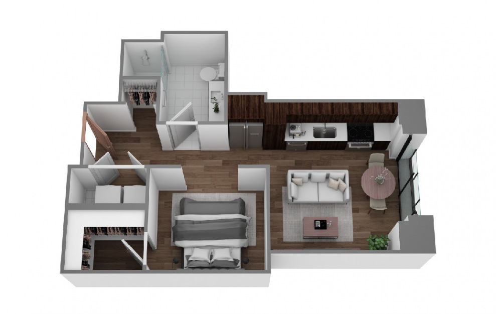 B - Studio floorplan layout with 1 bath and 561 to 610 square feet. (3D)