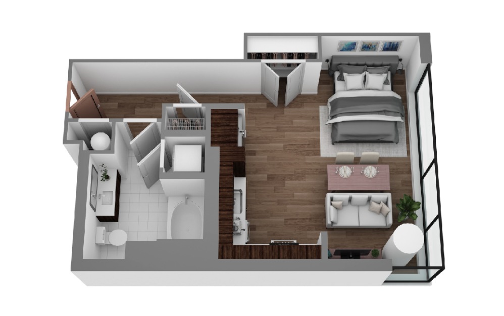 C - Studio floorplan layout with 1 bathroom and 601 square feet (3D)