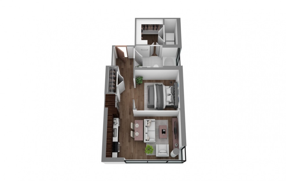 D - Studio floorplan layout with 1 bath and 619 square feet. (3D)