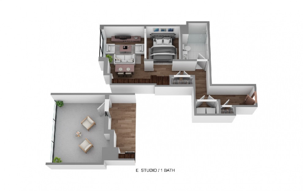 E - Studio floorplan layout with 1 bath and 618 to 871 square feet. (3D)