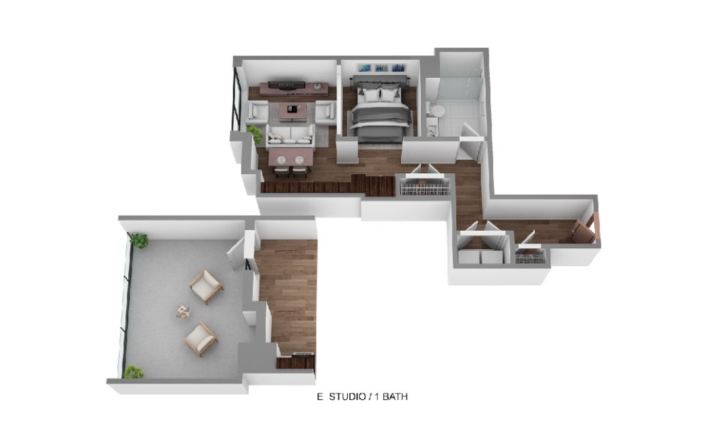 E - Studio floorplan layout with 1 bathroom and 618 - 871 square feet (3D)