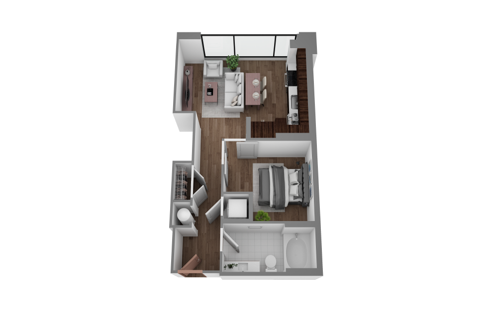 F - Studio floorplan layout with 1 bath and 638 to 678 square feet. (3D)