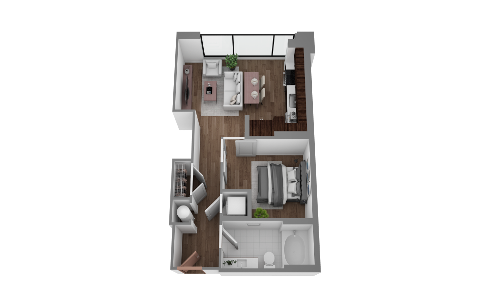 F - Studio floorplan layout with 1 bathroom and 638 - 678 square feet (3D)