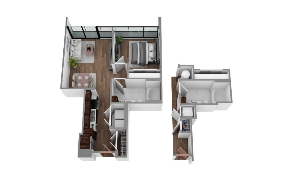 G - 1 bedroom floorplan layout with 1 bathroom and 661 - 743 square feet (3D)