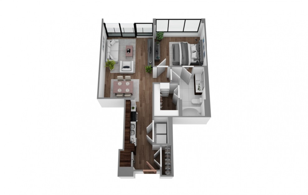 H - 1 bedroom floorplan layout with 1 bath and 737 to 758 square feet. (3D)