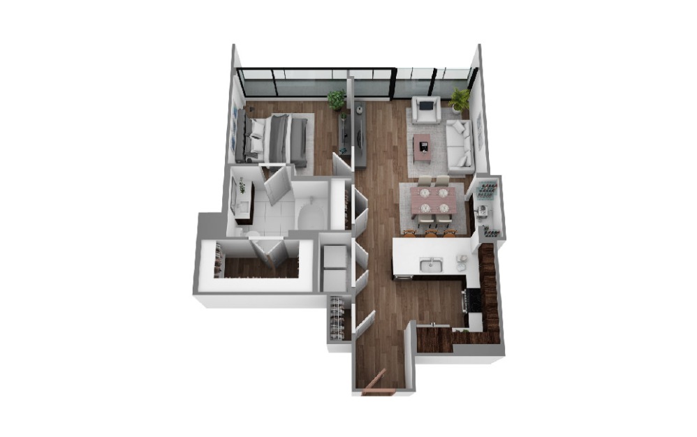 I - 1 bedroom floorplan layout with 1 bathroom and 791 - 858 square feet (3D)