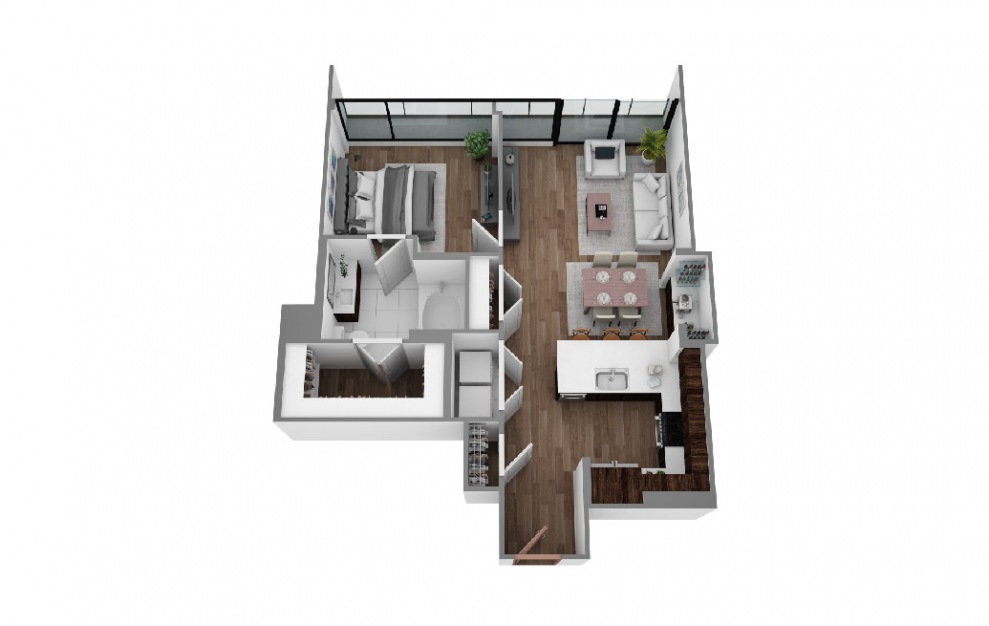 I - 1 bedroom floorplan layout with 1 bath and 791 to 858 square feet. (3D)