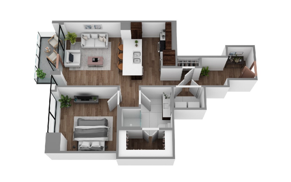 J - 1 bedroom floorplan layout with 1 bathroom and 844 square feet (3D)