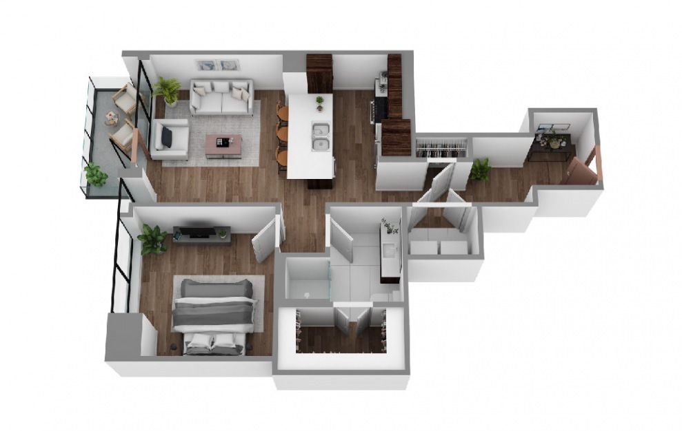 J - 1 bedroom floorplan layout with 1 bath and 844 square feet. (3D)