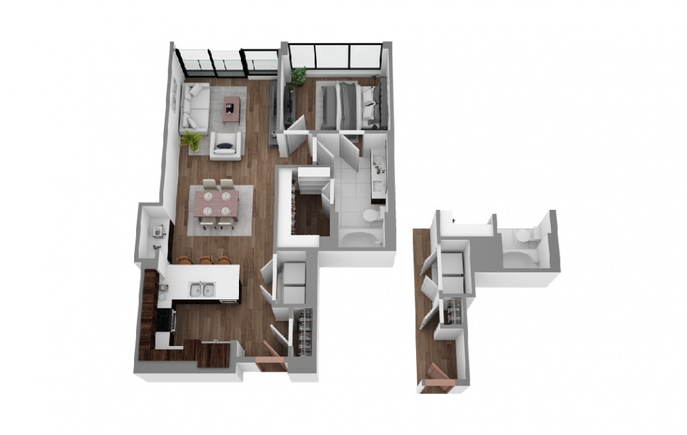 K - 1 bedroom floorplan layout with 1 bath and 855 to 877 square feet. (3D)