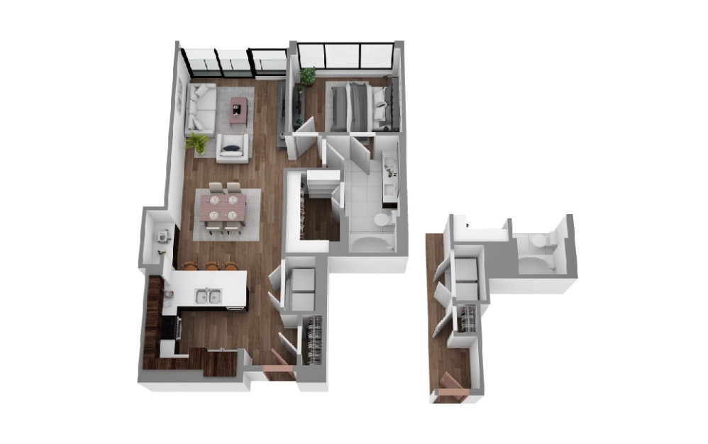 K - 1 bedroom floorplan layout with 1 bathroom and 855 - 877 square feet (3D)