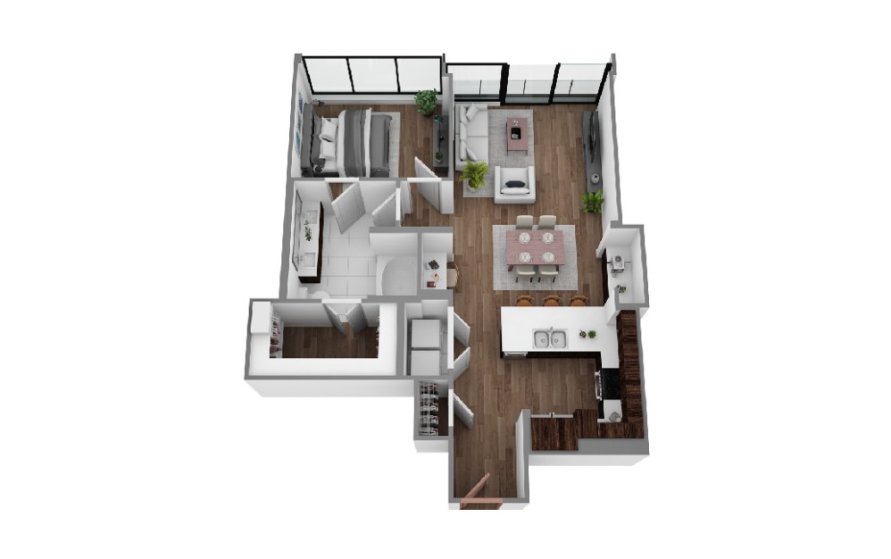 L - 1 bedroom floorplan layout with 1 bathroom and 861 - 873 square feet (3D)