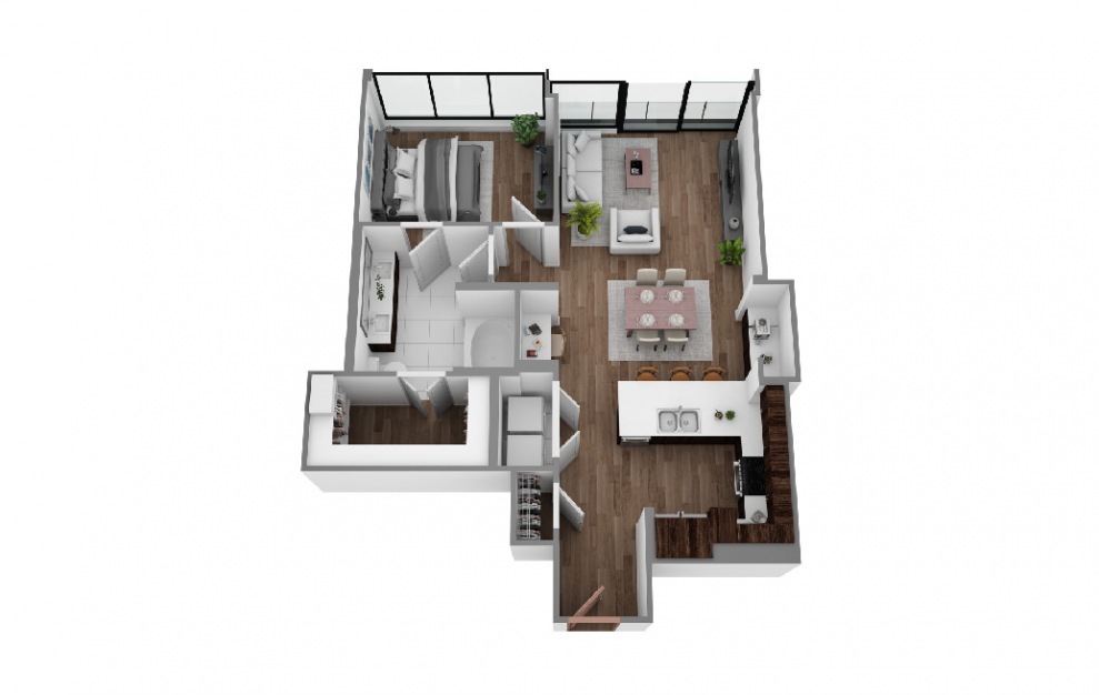 L - 1 bedroom floorplan layout with 1 bath and 861 to 873 square feet. (3D)