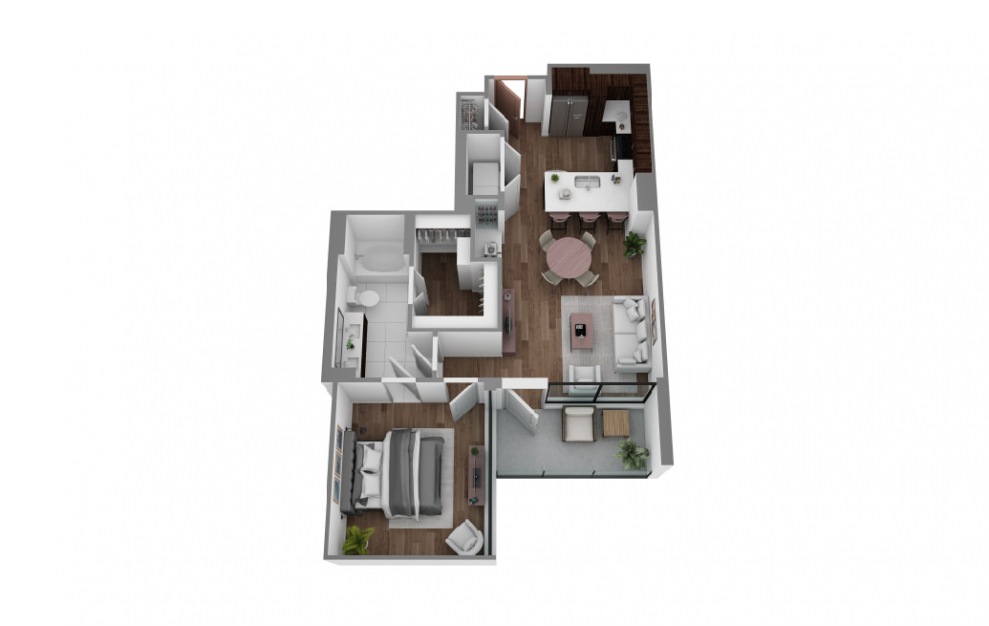 M - 1 bedroom floorplan layout with 1 bath and 829 to 899 square feet. (3D)