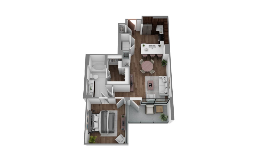 M - 1 bedroom floorplan layout with 1 bathroom and 829 - 899 square feet (3D)