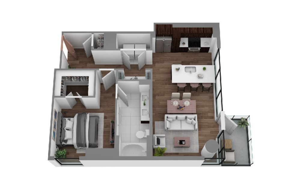 N - 1 bedroom floorplan layout with 1 bathroom and 876 square feet (3D)