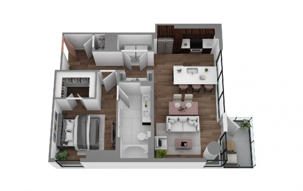 N - 1 bedroom floorplan layout with 1 bath and 876 square feet. (3D)
