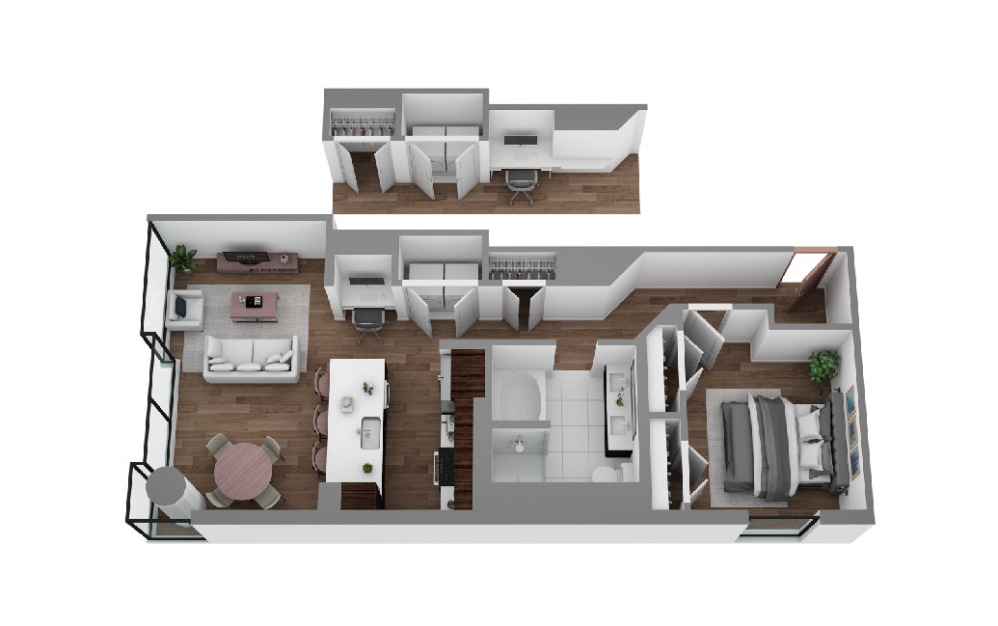 O - 1 bedroom floorplan layout with 1 bathroom and 908 - 922 square feet (3D)