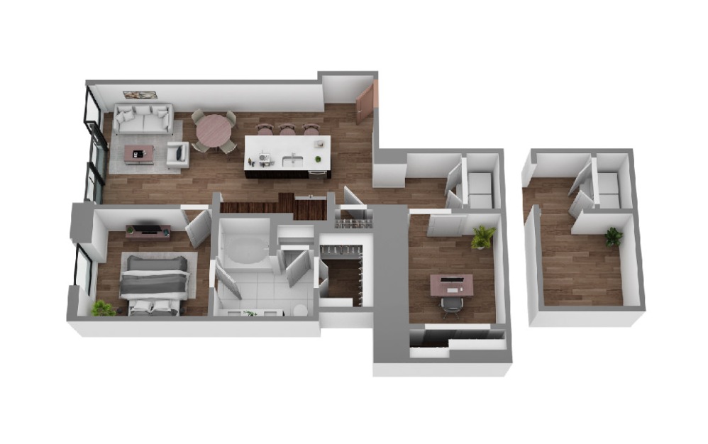 P - 1 bedroom floorplan layout with 1 bathroom and 898 - 1195 square feet (3D)