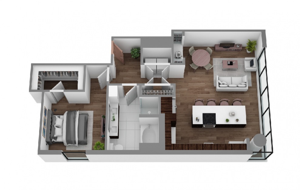 Q - 1 bedroom floorplan layout with 1 bath and 1018 square feet. (3D)
