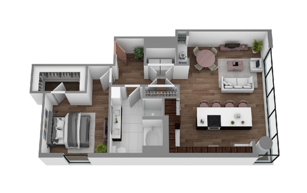 Q - 1 bedroom floorplan layout with 1 bathroom and 1018 square feet (3D)