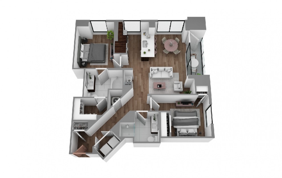 R - 2 bedroom floorplan layout with 2 baths and 1185 square feet. (3D)