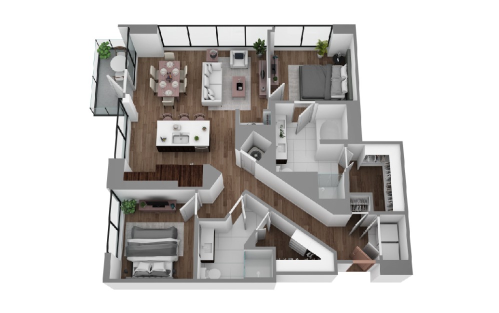 S - 2 bedroom floorplan layout with 2 bathrooms and 1315 - 1829 square feet (3D)