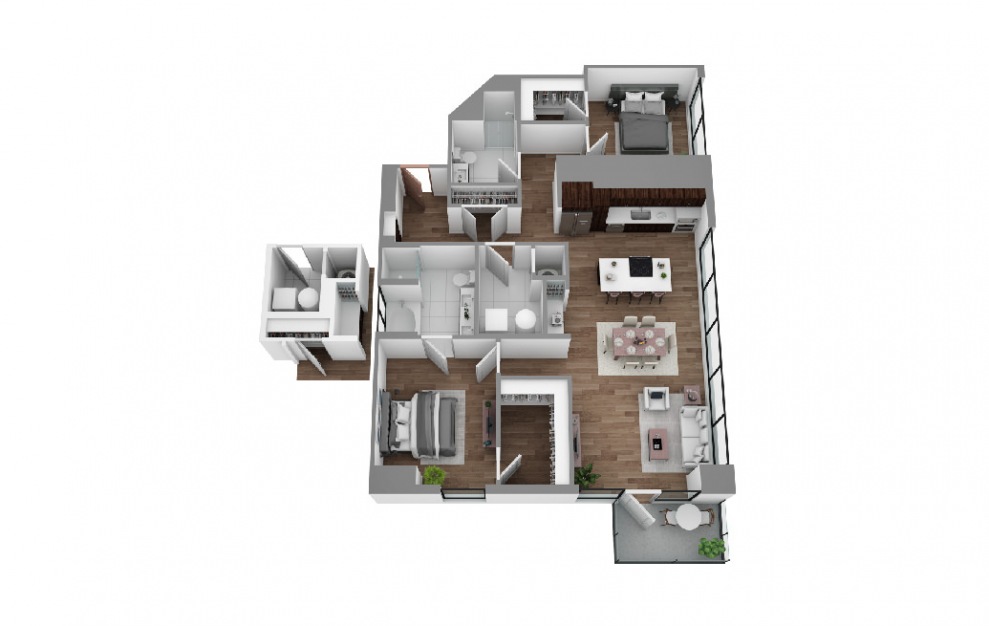 T - 2 bedroom floorplan layout with 2 baths and 1547 square feet. (3D)