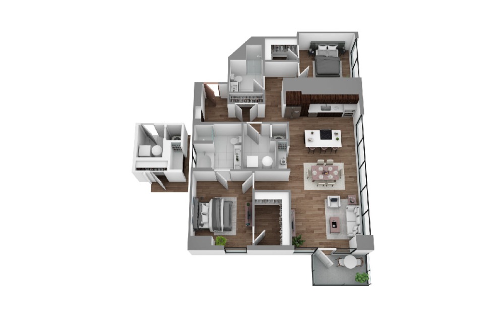 T - 2 bedroom floorplan layout with 2 bathrooms and 1547 square feet (3D)