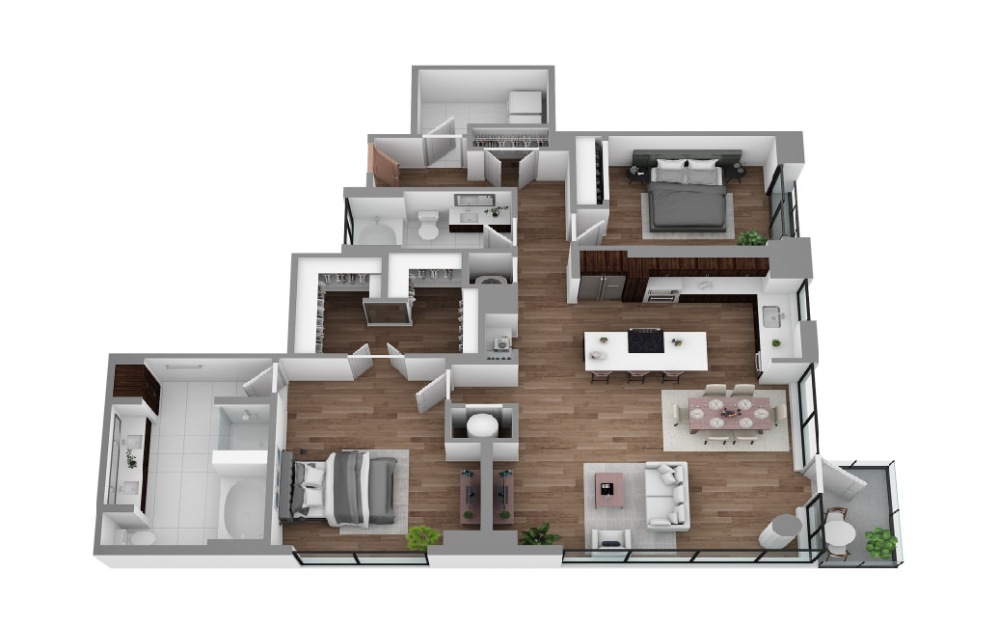 U - 2 bedroom floorplan layout with 2 bathrooms and 1751 - 1764 square feet (3D)