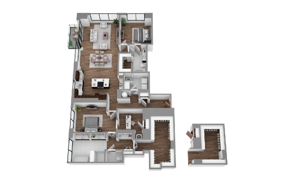 W - 2 bedroom floorplan layout with 2 bathrooms and 2284 - 2338 square feet (3D)