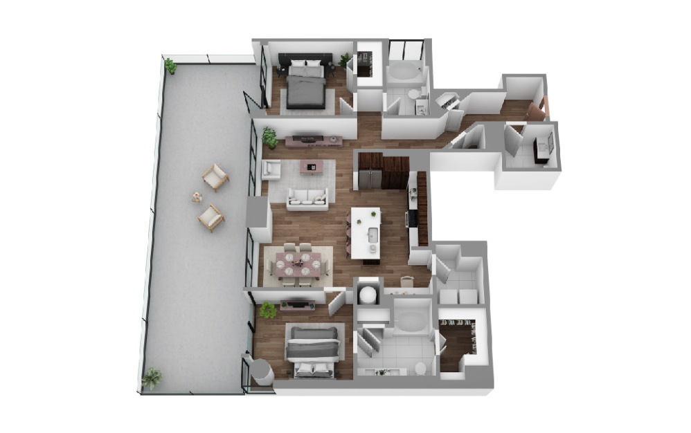 X - 2 bedroom floorplan layout with 2.5 bathrooms and 1405 - 2099 square feet (3D)